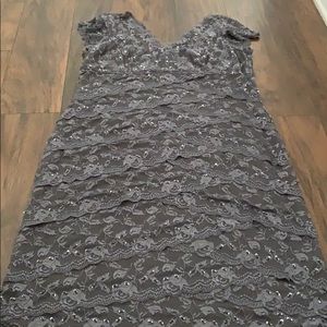 MARINA Charcoal Gray Lace Beaded Cocktail Dress